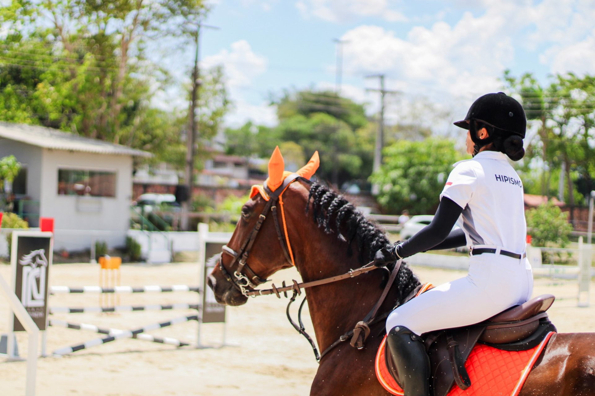 Amazona do Haras Nilton Lins na pista de salto, com o cavalo pronto para o percurso